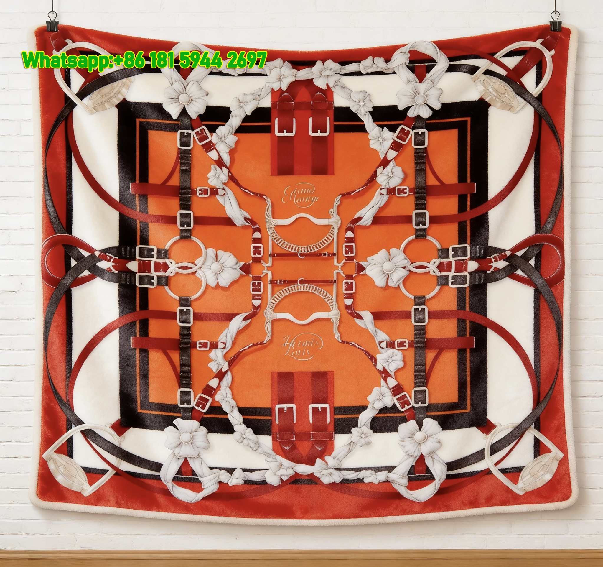 Hermès Inspired Red & Orange Equestrian Flannel Throw Blanket IMG_5222